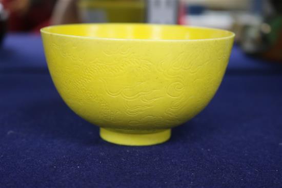A Chinese yellow ground bowl, Guangxu mark and period, restored